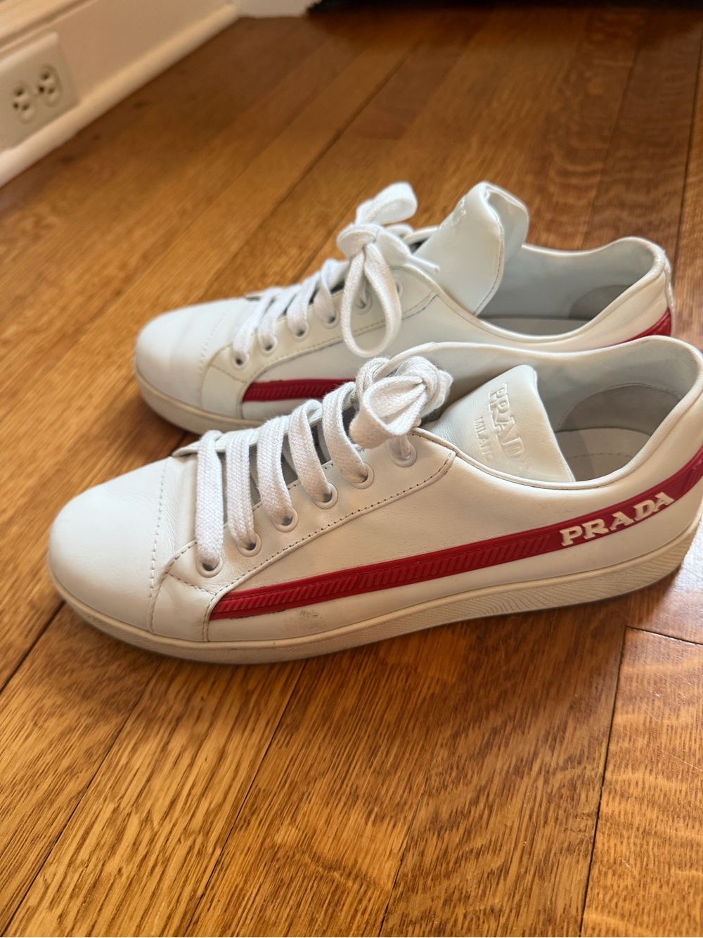 Prada White Leather Sneakers with Red Side Panel - Picture 2 of 4